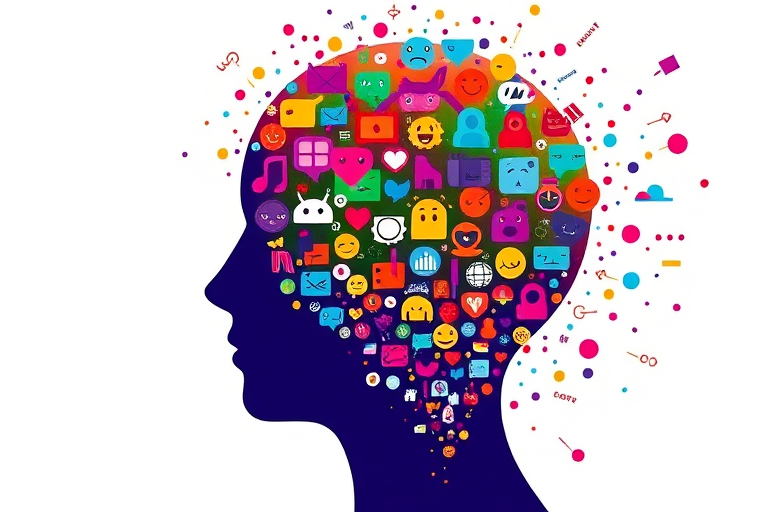 Create a vibrant, abstract silhouette of a human head filled with a colorful mosaic of small icons representing various emotions and thoughts, captured with a DSLR camera, using a 50mm lens at f/1.8 aperture, ISO 100, with a soft bokeh effect to enhance clarity and depth.