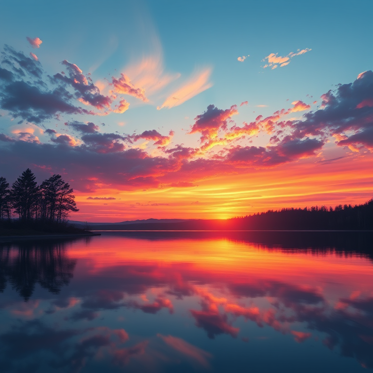 high-resolution digital illustration of a sunset over a calm lake with vibrant colors, shot with a DSLR camera, f/8 aperture, ISO 100, 1/125 sec shutter speed, wide-angle lens at 24mm, soft focus and high dynamic range for enhanced details