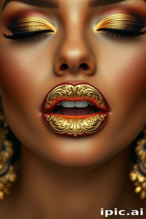 Luxurious woman lips embellished with 24-karat gold leaf accents, full face portrait radiating opulence and regal charm