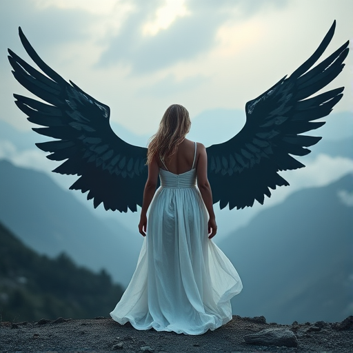 Create an ethereal scene of a woman in a flowing white dress standing before a large, artistic angel silhouette with detailed black wings on a misty mountain backdrop, with soft natural lighting, using a DSLR camera with a 50mm lens, aperture set to f/1.8, ISO 200, shooting from a low angle for dramatic perspective.
