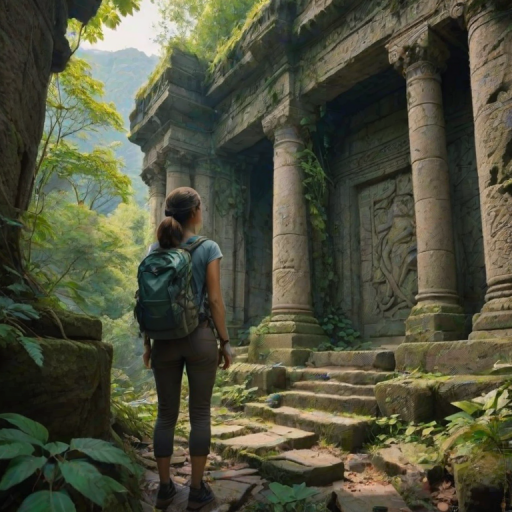 Overgrown ruins of an ancient temple, vines crawling up the stone walls, a woman in hiking gear explores the forgotten site, her eyes wide with wonder as she uncovers hidden carvings.