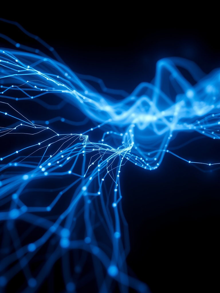 Create a high-resolution abstract image of glowing blue energy lines and patterns over a dark background, using a DSLR camera with a 50mm lens, aperture f/2.8, ISO 100, and a long exposure setting to capture the intricate details and enhance clarity.