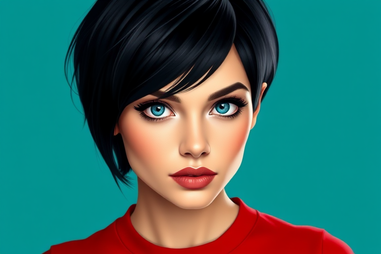 Create a high-quality vector illustration of a confident woman with short black hair and striking blue eyes, wearing a red fitted shirt, set against a teal background, using a DSLR camera, 50mm lens, f/1.8 aperture, ISO 100, 1/200s shutter speed, and a portrait view to enhance the details and colors.