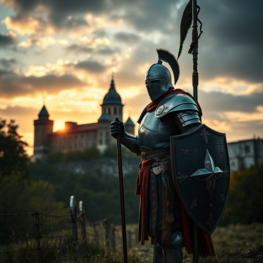 medieval knight in armor standing guard with a spear and shield in a dramatic landscape, historic castle in the background, early evening light, Canon EOS 5D Mark IV, aperture f/8, ISO 200, 24mm lens, wide-angle view, high dynamic range processing