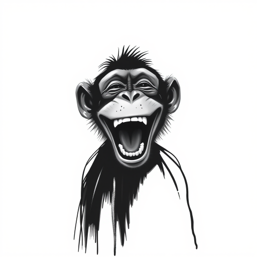 Abstract black and white acrylic portrait of an over exaggerated laughing (monkey). Minimalism style. White background.