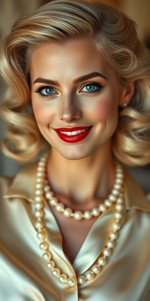 A beautiful Chaldean woman reminiscent of 1950s Hollywood glamour, with perfectly styled blonde hair and a seductive smile, dressed in a satin blouse and adorned with pearls, soft and warm tones, photorealistic, 8K