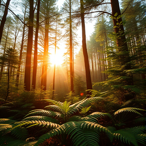 Create a high-resolution image of a serene forest landscape during golden hour with soft sunlight filtering through the trees, capturing intricate details of leaves, ferns, and the forest floor, shot with a Canon EOS 5D Mark IV, 50mm lens, f/1.8 aperture, 1/125 sec shutter speed, ISO 100, using a wide-angle view to emphasize depth and atmosphere.