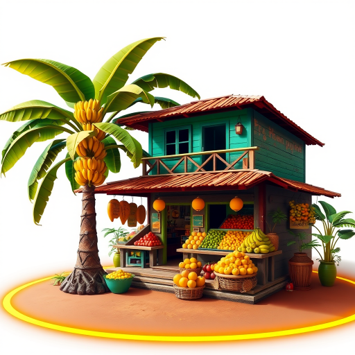 A vibrant tropical fruit market with a small, two-story building. A large banana tree stands nearby, with the fruit displayed on the balcony. The ground is surrounded by a glowing orange and yellow ring