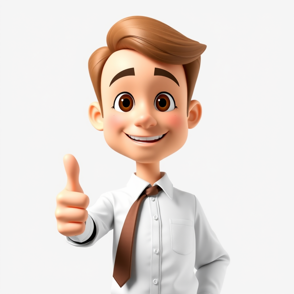 Create a cartoon character of a man with a thumbs-up gesture, wearing a white shirt and brown tie, with light brown hair, standing against a transparent background, shot in high resolution using a DSLR camera at f/8 aperture, 50mm lens, with soft lighting and a slight vignette effect.