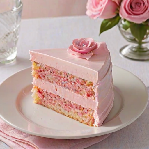Generate an image of a slice of pink frosted cake on a white plate. The cake should have multiple layers and a textured frosting. The background should feature a soft, natural setting with a light-colored tablecloth and a simple glass vase with a flower. The lighting should be warm and inviting, emphasizing the cake's deliciousness.
