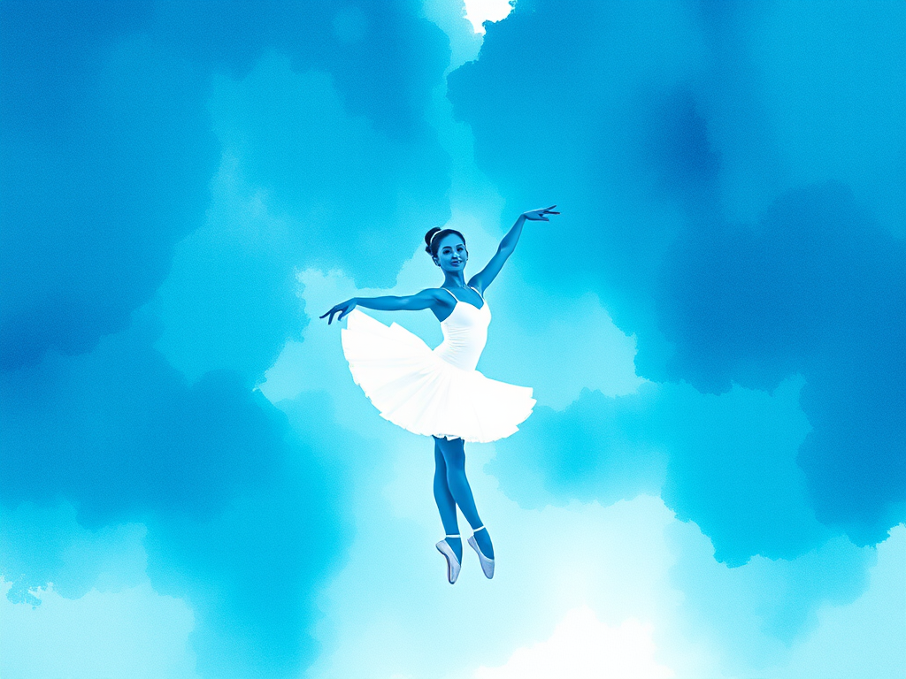 Create an artistic watercolor background with shades of blue and turquoise, featuring a graceful ballet dancer silhouette in white, captured with a DSLR camera at f/4 aperture, ISO 100, and a 50mm lens in portrait orientation for enhanced depth and quality.
