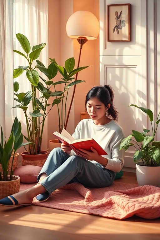 A cozy indoor scene of a person reading a book while sitting on the floor, surrounded by potted plants and a lamp, with a warm color palette featuring soft pinks and yellows, taken with a Canon EOS R5 at f/2.8, ISO 200, 35mm lens, in soft natural light for a bright and inviting atmosphere.