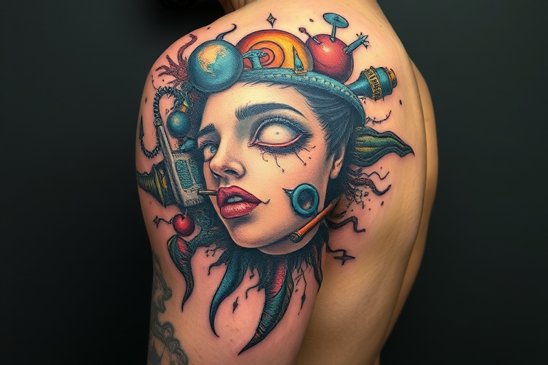 Surrealist tattoo named "Dreamscape Fusion" blending bizarre imagery and distorted proportions with a mix of color and black ink creating a thought-provoking and visually striking piece