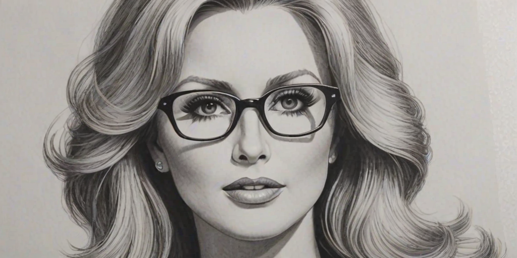 Beauteous Morgan Fairchild, pencil sketch, portrait of Fetching woman 1967s in glasses, hair style beatnik, outline, clear lines, fine lines, 8k