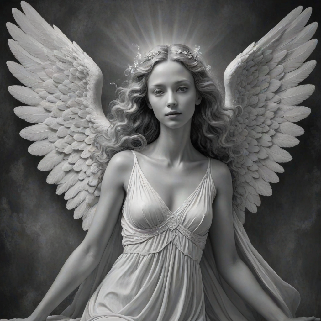 An angel, crafted in the unique style of Folk Art, as she unfolds herself against an ethereal backdrop, her wings softly billowing, face radiating a heavenly glow, every curl in her strikingly serene countenance finely brushed, monochrome, detailed techniques, ultra fine, breathtaking surreal masterpiece