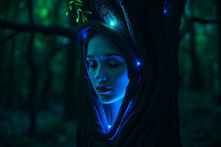 Create a mystical scene of a tree entwined with a woman's face, glowing with blue and green bioluminescence, captured with a Canon EOS R5, 50mm lens, aperture f/1.8, ISO 200, in a low-light forest setting with a slight bokeh effect.