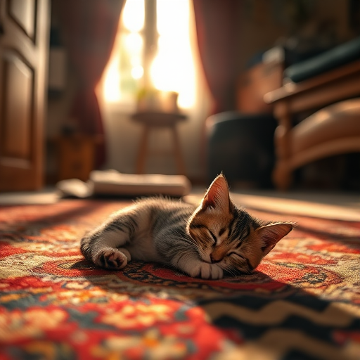 A cozy interior scene featuring a sleeping kitten on a richly patterned rug, soft sunlight streaming in through a window, warm colors, depth of field, f/2.8 aperture, 50mm lens, DSLR camera, natural light.