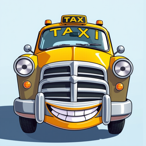 Create a vibrant, cartoon-style illustration of a classic taxi car with a large, exaggerated smile, using a front view perspective, with a clear blue sky background, camera settings at ISO 100, aperture f/8, shutter speed 1/250s, using a DSLR camera to enhance image quality.