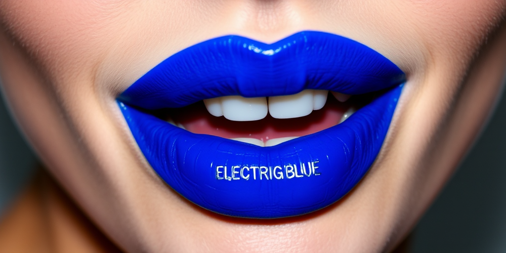 Fierce "Electric Blue" lips commanding attention with a bold, matte cobalt color, precisely applied for a sharp, edgy look