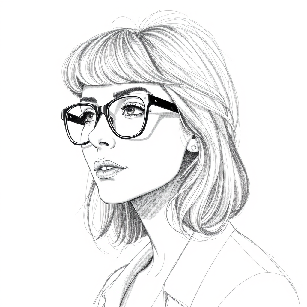 Beautiful Toni Collette, pencil sketch, portrait of beautiful woman 60s in glasses, hair style beatnik, outline, clear lines, fine lines, 8k