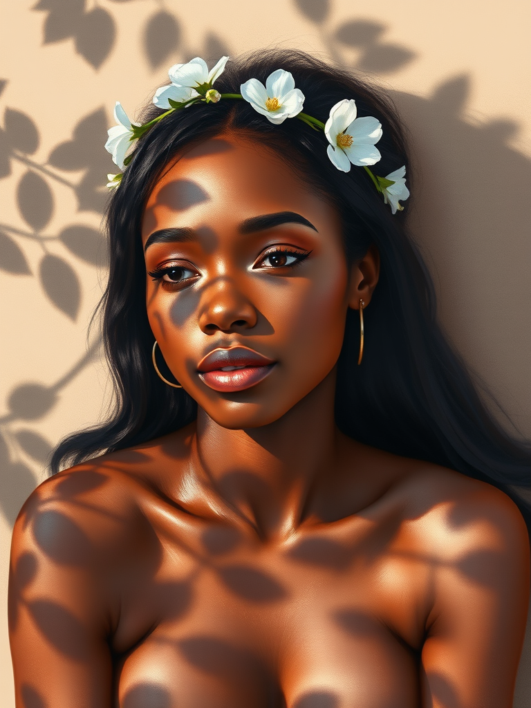 create a watercolor painting of an ethereal portrait of beautiful Afro-Caribbean woman with a simple white flower crown on her head. Her hair is long and she is lying on the ground. The sunlight on the trees casts shadows from the leaves on her face and body. The background is a neutral brown color that matches her skin tone. The image is minimalist and solid colors. This style is characterized by soft, delicate brushstrokes and a light, airy, contrasting color palette. High level of detail and play of light