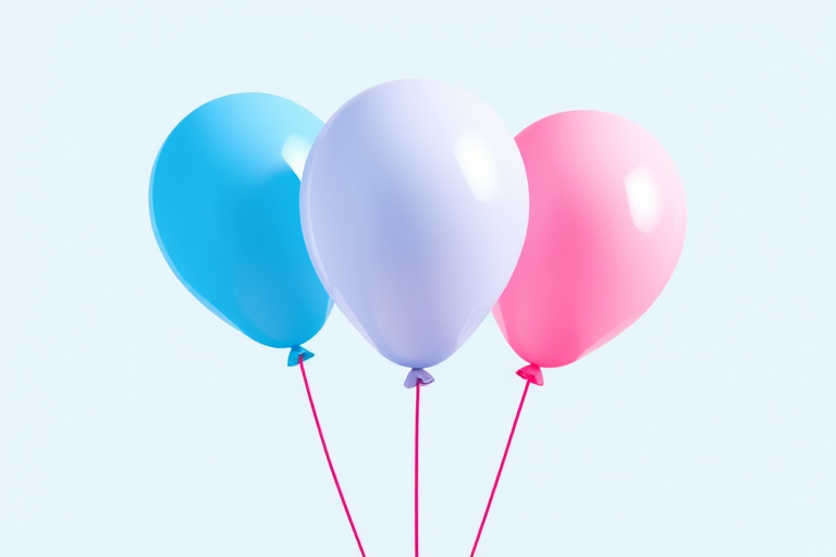 Create a vibrant illustration of three balloons in blue and pink colors with a transparent background, using a digital art style, captured from a slightly elevated angle, with high resolution at 300 DPI and a soft focus effect to enhance depth.