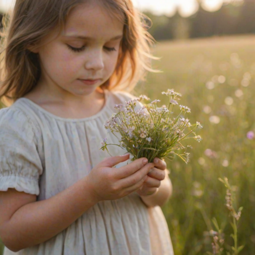 Softly focused image of a young child holding a handful of wildflowers, their small hand and the delicate petals bathed in soft morning light, with a blurred meadow in the background.