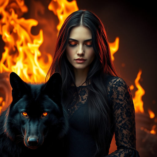 A woman with long dark hair, wearing a black lace dress that seamlessly blends into her skin with intricate floral patterns. She is in the foreground, with a black wolf beside her; its fur is midnight black, and it has glowing, intense, orange eyes that match hers. Her eyes are partially closed with burning embers above them, giving a fiery and mystical aura. The background is engulfed in tall, roaring flames, contributing to an overall dark and supernatural atmosphere. The colors are intense, predominantly black, fiery orange, and deep reds, with sharp contrast highlighting the mysterious and fierce theme. The flames are bright and dynamic, casting dramatic light and shadow, illuminating the woman and wolf while leaving parts in near darkness. The image evokes a sense of otherworldly power and connection between the woman and the wolf.