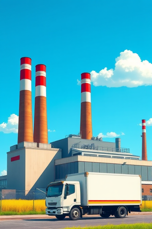 Generate an illustration of a factory with three tall chimneys and a delivery truck parked in front, set against a bright blue sky with a few fluffy clouds, using a digital art style with a 50mm lens, aperture f/8, and a focus on vibrant colors to enhance clarity and detail.