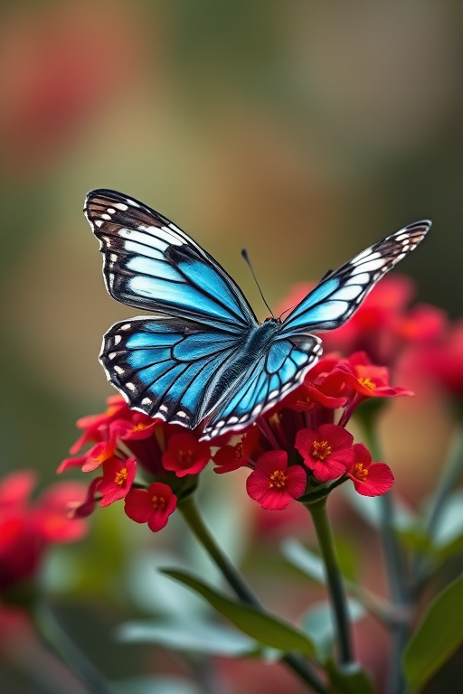 Create an image of a butterfly resting on vibrant red flowers in a soft, blurred background. The butterfly should have intricate patterns on its wings, showcasing shades of blue, white, and black. The scene should evoke a sense of tranquility and natural beauty.