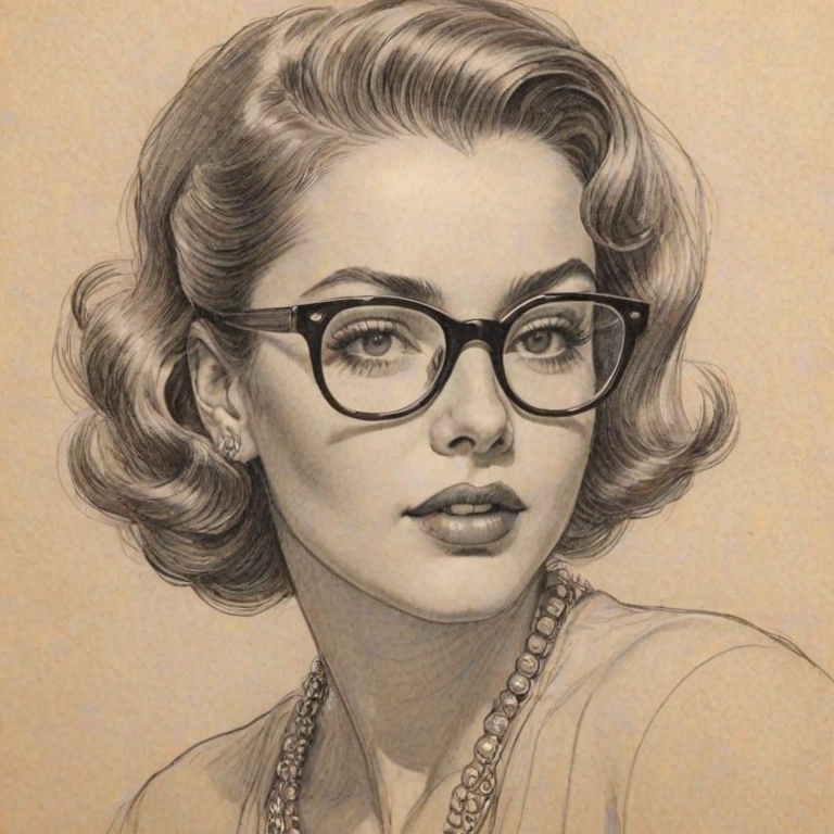 Attractive Jewel, pencil sketch, portrait of Alluring woman 1947s in glasses, hair style beatnik, outline, clear lines, fine lines, 8k