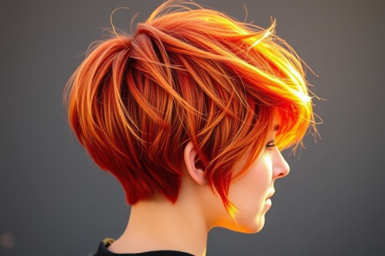 Vibrant Sunset Pixie Cut featuring fiery orange and red hues blending seamlessly with soft golden highlights creating a mesmerizing gradient effect reminiscent of a beautiful sunset sky