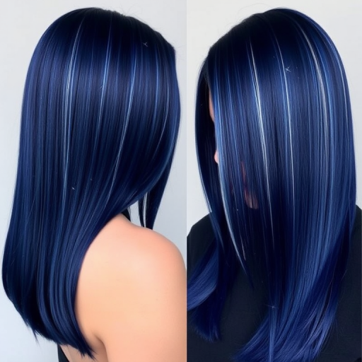 Midnight blue waist-length straight hair with silver streaks resembling shooting stars, named "Celestial Dream" look, showcasing a sleek and glossy finish