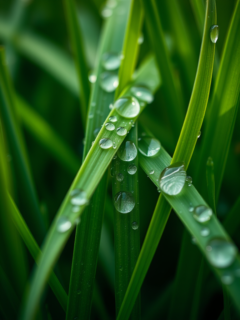 Close-up shot of green grass blades with water droplets, f/2.8 aperture, 50mm lens, ISO 200, natural light, macro photography, DSLR camera, soft focus background.