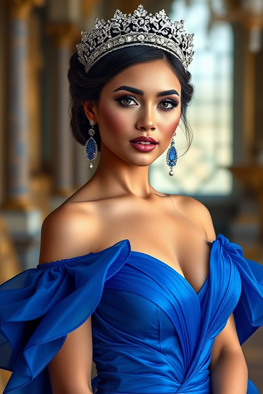 A gorgeous Mestizo woman in a luxurious blue gown, accessorized with a dazzling tiara and statement earrings, her deep blue eyes highlighted by impeccable makeup, poised in a royal setting, photorealistic, 8K quality