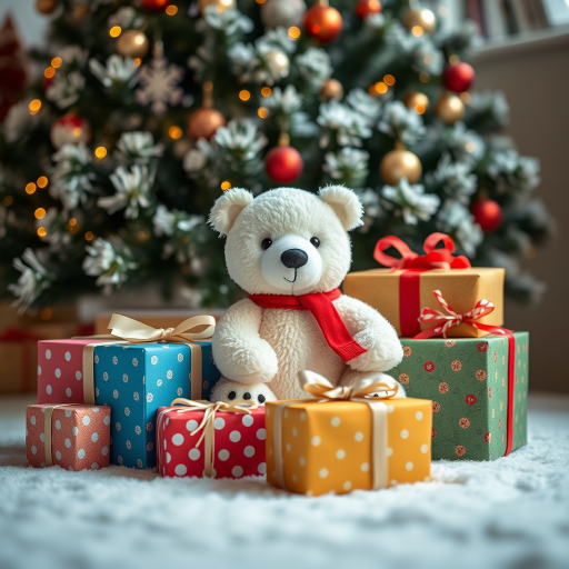 Create a cozy winter scene featuring a cute polar bear toy surrounded by colorful wrapped presents, decorated with a Christmas tree in the background, use a Canon EOS R5 camera with a 50mm f/1.8 lens, aperture set to f/2.8, ISO 100, shooting at a low angle to emphasize the bear and gifts, soft natural lighting for a warm atmosphere.