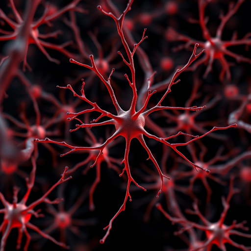 Generate a high-resolution 3D render of neurons in a dark background with intricate details, using a DSLR camera with a 50mm lens, aperture f/1.8, ISO 100, and a low-angle view to enhance depth and sharpness.