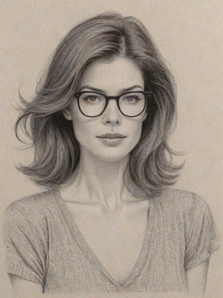 Radiant Lara Flynn Boyle, pencil sketch, portrait of Sublime woman 1979s in glasses, hair style beatnik, outline, clear lines, fine lines, 8k