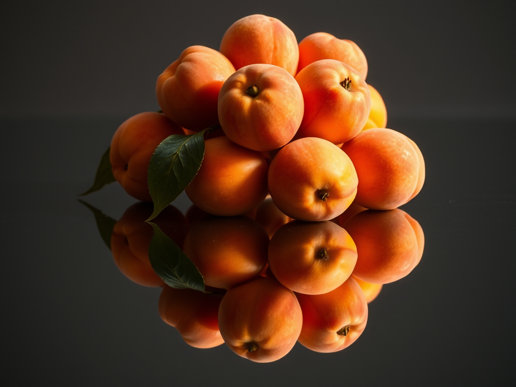 Photograph a cluster of apricots on a reflective black surface using a DSLR camera, aperture f/2.8, shutter speed 1/125s, ISO 100, 50mm lens, with soft natural lighting to enhance colors and reflections.