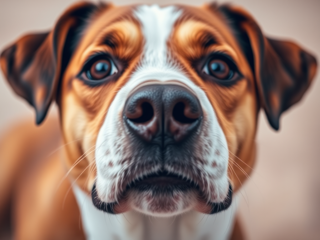 A close-up portrait of a brown and white dog with expressive eyes in a soft-focus background, shot with a DSLR camera using a 50mm lens, aperture f/1.8, ISO 200, and a natural light setup for enhanced detail and clarity.