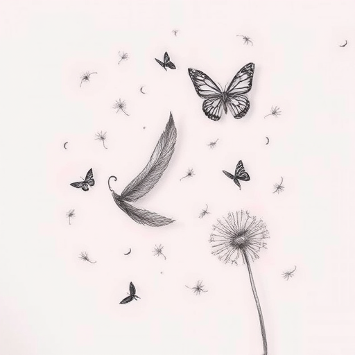 Sketch-style tattoo named "Ephemeral Dreams" featuring delicate pencil-like strokes creating a whimsical scene of floating feathers butterflies and dandelion seeds with subtle shading and crosshatching techniques