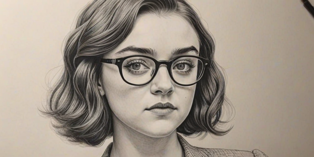 Graceful Maisie Williams, pencil sketch, portrait of Exquisite woman 1938s in glasses, hair style beatnik, outline, clear lines, fine lines, 8k