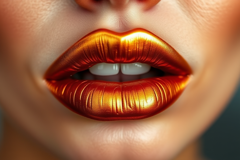 Metallic bronze lips with a liquid metal finish, named "Molten Amber," showcase a unique metallic sheen and warm undertones for a bold statement