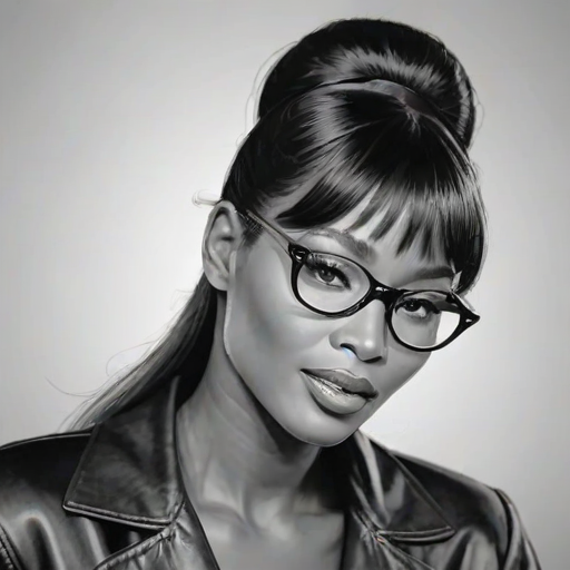 Charming Naomi Campbell, pencil sketch, portrait of Magnificent woman 1957s in glasses, hair style beatnik, outline, clear lines, fine lines, 8k