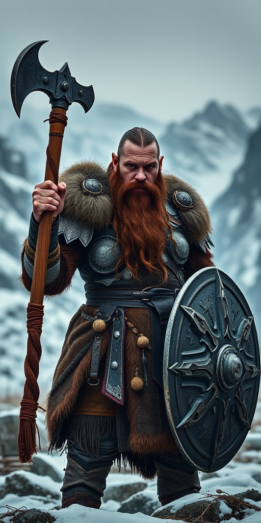 Create an epic scene of a fierce warrior dwarf, holding an axe and shield, with intricate armor and a long braided beard, standing in a snowy mountainous landscape, shot with a Canon EOS R5, 50mm lens, f/1.8, ISO 100, with dramatic lighting and a shallow depth of field to enhance details and atmosphere.