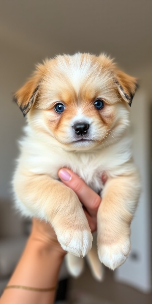 Cute fluffy puppy with blue eyes being held by a person indoors with soft lighting and a neutral background