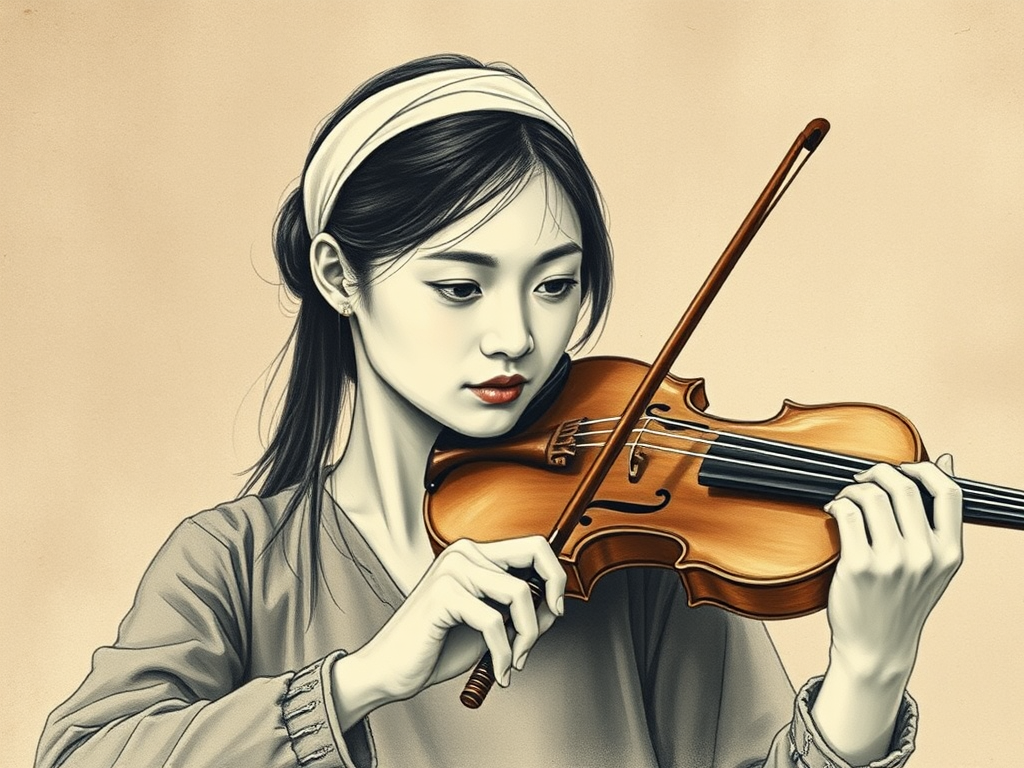 a young Asian woman with a white headband playing a violin, in the style of a charcoal drawing, sepia grunge background