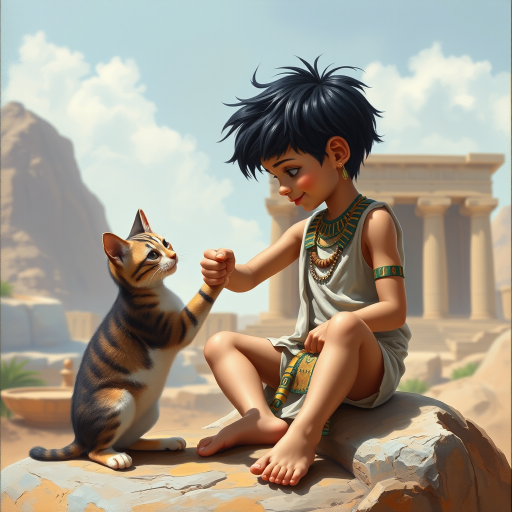 Airbrush, whimsical, glossy oil painting, hyper realism of an Ancient Egyptian boy with black messy short hair, wearing an Ancient Egyptian outfit, bare feet, sitting on a stone in front of a temple, fist bumping with his Ancient Egyptian cat, the boy and the cat looking to each other proudly.