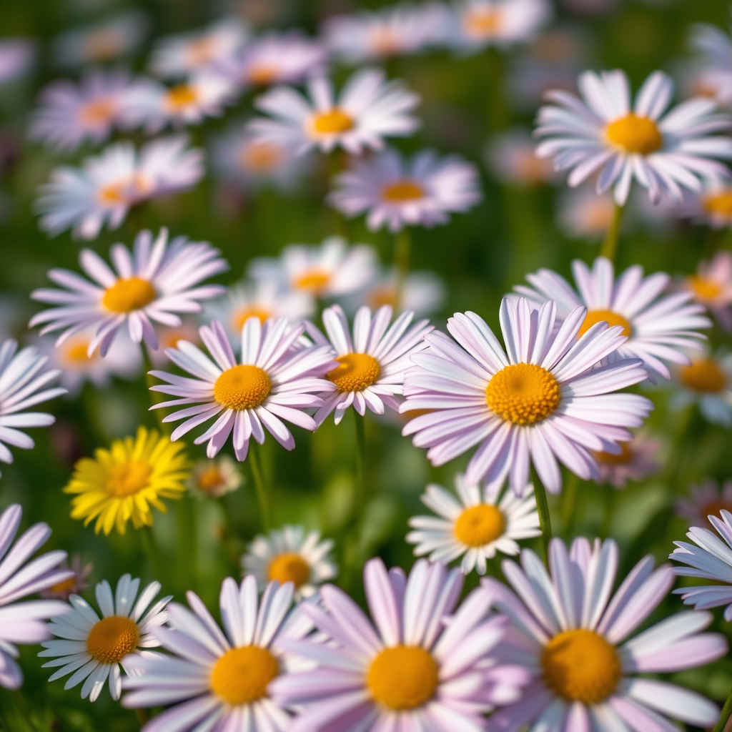 a vibrant field of daisies in full bloom with a focus on the intricate details of petals and centers, captured with a Canon EOS R5, 50mm f/1.2 lens, aperture at f/2.8, ISO 200, natural lighting, shallow depth of field for a soft background.