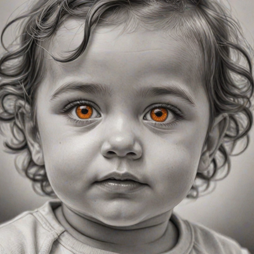 A hyperdetailed photorealistic black and white sketch of a beautiful toddler with deep orange eyes, with a macro focus